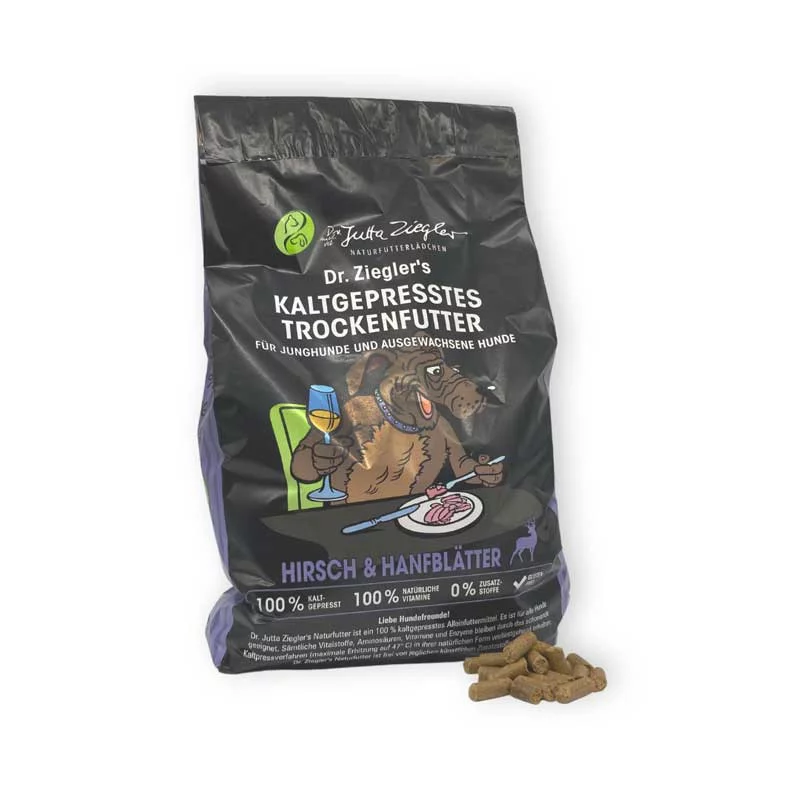 Kaltgepresstes Trockenfutter Hirsch & Hanfblätter 5 kg Packung