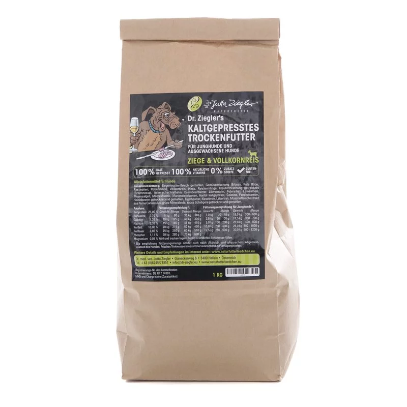 Kaltgepresstes Trockenfutter Ziege & Vollkornreis 1 kg Packung