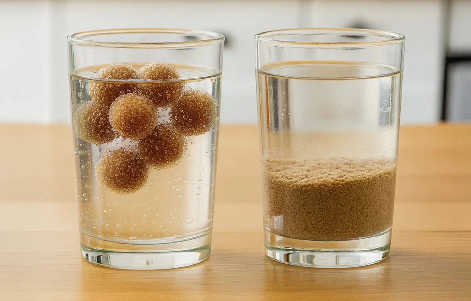 2 Gläser mit Wasser: in einem aufgequilltes industrielles Trockenfutter, in dem anderen Dr. Ziegler kaltgepresstes Trockenfutter